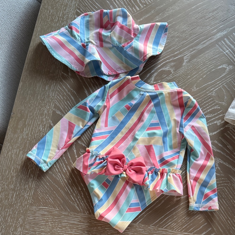 Tommy Bahama Pastel Stripe Long-Sleeve One-Piece Swimsuit with Sun Hat